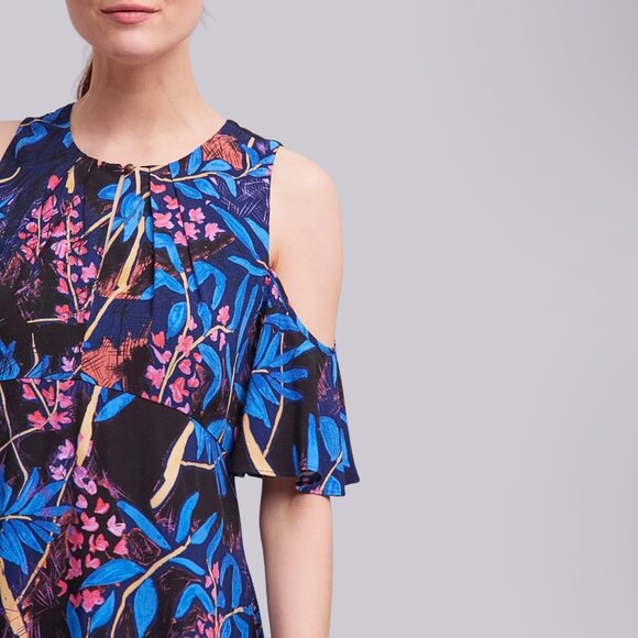 Anthropologie Maeve Elia Open Shoulder Navy Blue Floral Ruffle Sleeve Mini Dress - Picture 3 of 16